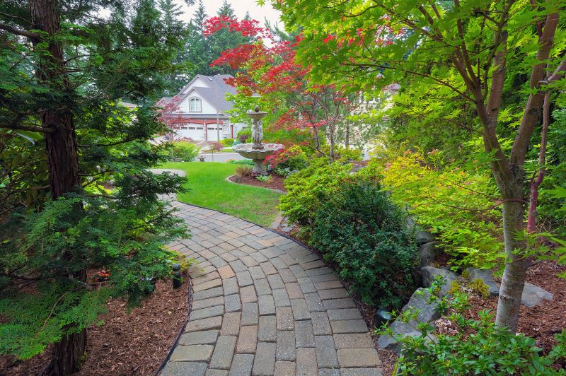 Brick paver patio in garden setting